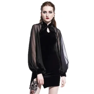 Black velvet gothic cheongsam mini dress front view, sheer mesh lantern sleeves, stand collar, side split hem, above-the-knee length