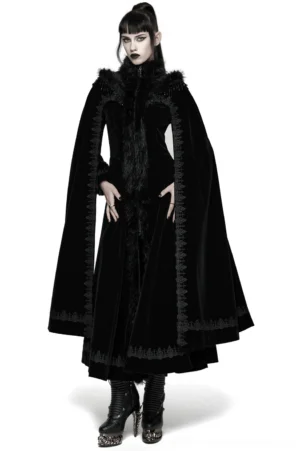 Black velvet gothic cloak coat front view with faux fur trim and tassel chain shoulders