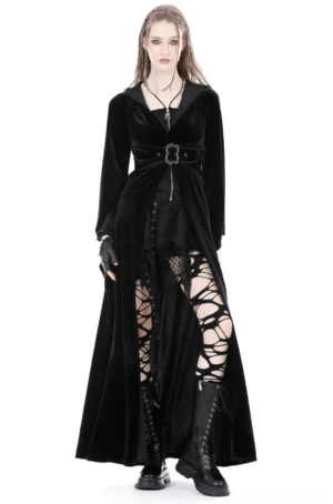 Black velvet gothic hooded cloak front view on model showcasing zipper closure waist buckle and flared sleeves