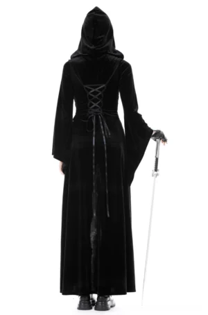 Black velvet gothic long coat back view displaying corset lace-up detail and floor-length hem