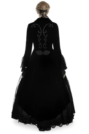 Black velvet gothic trench coat back view showing intricate wave embroidery design and elegant silhouette