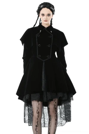 Black velvet gothic coat with detachable capelet front view worn by goth model with cross collar detail