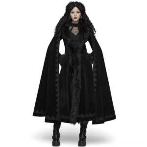 Black velvet gothic long coat with faux fur trim, cape sleeves, and lace-up back worn by model - front view