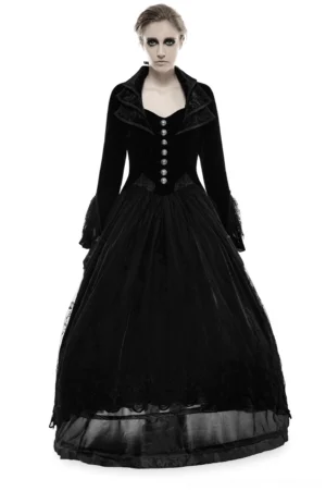 Black velvet gothic trench coat front view with cascading collar detail on female model, studio photography