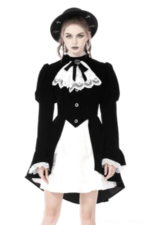 Black velvet gothic coat with white lace collar and cuffs - front view on fashion model