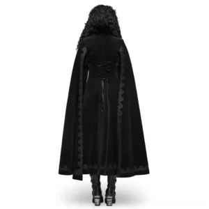 Black velvet gothic coat rear view showing lace-up corset back detail and embroidered side trims