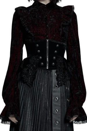 Black velvet gothic corset belt front view with metal zipper and rose lace peplum detail