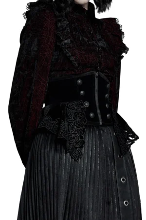 Gothic velvet corset belt side profile on model showing elegant waist cinch and floral lace trim