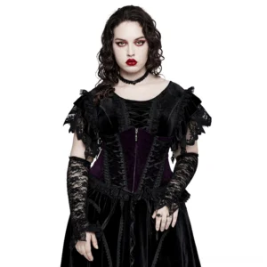 Black velvet gothic corset with lace trim and skull zipper, front view worn by plus-size model on white background