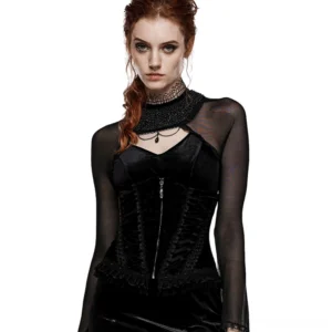 Black velvet gothic corset with front zipper and lace-up design, front view on model with red hair