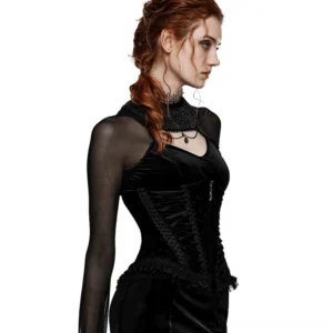 Black velvet gothic corset with sheer mesh sleeves and side lace-up, profile view on model
