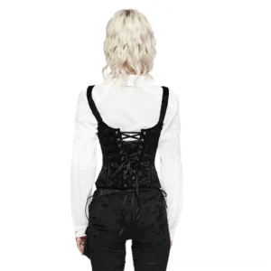Vintage gothic corset back view showcasing traditional lace-up fastening with flowing ribbons and metal eyelets