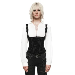 Black velvet gothic corset with rose embroidery worn by model, front view showing adjustable buckle shoulder straps and embossed floral pattern