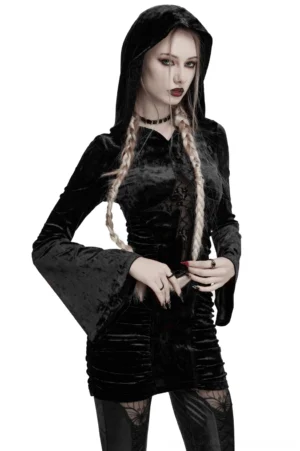 Black velvet hooded gothic cross dress with ruched sides - front view on model with braided pigtails
