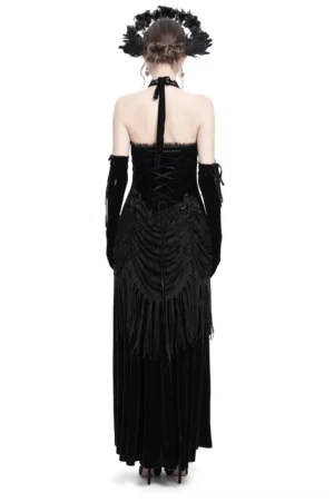 Gothic black velvet dress rear view showing corset lace-up back and fringe trim details