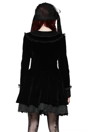 Gothic black velvet dress back view - lace trim details and flowing silhouette