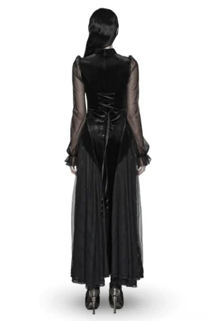 Black velvet mesh gothic dress back view showing lace-up closure, sheer mesh sleeves, and ornamental lace trim hem detail