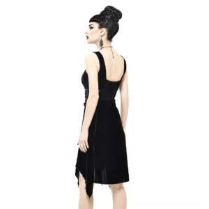 Gothic velvet dress rear side view displaying low back design and asymmetric hemline