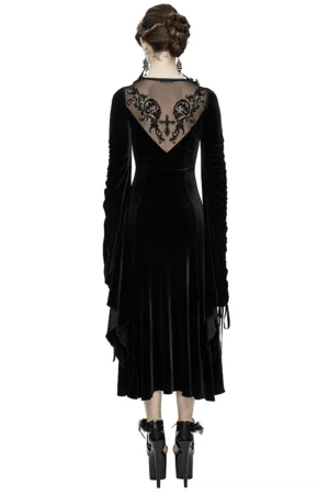 Black velvet gothic midi dress back view showing sheer embroidered mesh panel and lace detailing