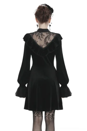 Black velvet gothic mini dress back view displaying lace panel and bishop sleeves with ruffled cuffs