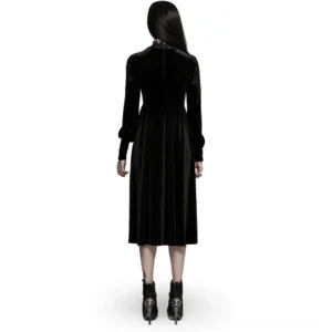 Back view of black velvet gothic midi dress showing hidden rear zipper closure and high gathered waist