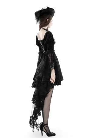 Gothic black velvet mini dress with corset lace-up back - rear view on model