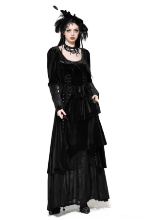 Black velvet gothic maxi dress front view with metal-studded corset lace-up bodice, square neckline, and layered mesh ruffle skirt on model