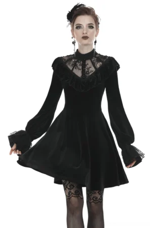 Black velvet gothic mini dress with lace collar front three-quarter view showing fitted bodice and flared skirt