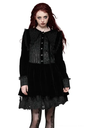 Black velvet gothic dress with lace collar and gold buttons - front full-body view on model