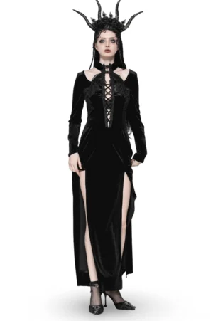 Black velvet gothic lace-up maxi dress front view on model with horned headdress, featuring front crisscross lacing and ruffled lace trim details