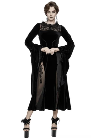 Black velvet gothic dress with filigree lace collar and adjustable bell sleeves - front full body view on model