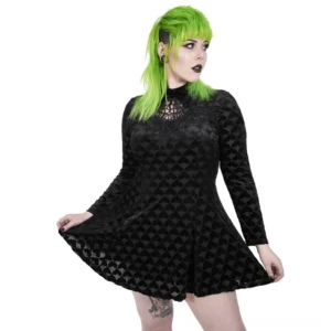 Front three-quarter view of black velvet gothic dress with heart pattern and hollow-out neckline featuring intricate lace detailing