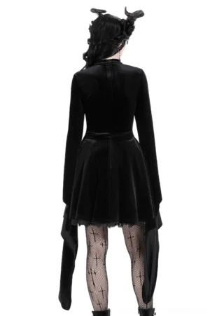 Black velvet lace-up gothic dress back view showing hidden zipper and side drapes on model with horn headpiece