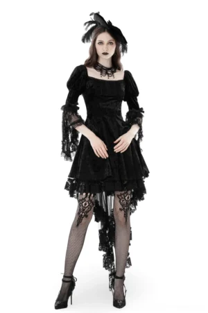 Black velvet gothic mini dress with lace bell sleeves - front view on model