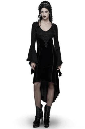 Black velvet gothic high-low dress with ruffled lace bell sleeves and embroidered lace bust appliqué, front full-body view on model