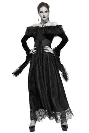 Front view of black velvet gothic off-shoulder floor-length dress with feathered neckline and flared lace sleeves worn by model