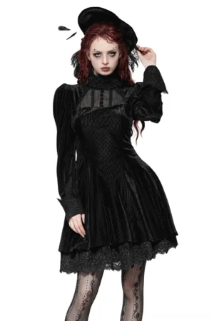 Black velvet gothic mini dress with puff sleeves, lace ruffle collar, and feathered hat styled on red-haired model in front view on white background