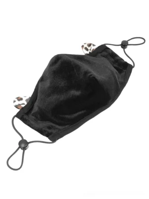 Black velvet gothic face mask with leopard print ears, adjustable ear loops, overhead view on white background