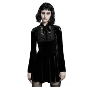 Black velvet gothic flare mini dress with Victorian lace collar - front view on model