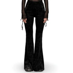 Black embossed velvet gothic flare pants with side lacing – front full view worn by model