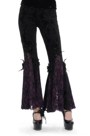 Black velvet gothic floral damask flared pants with purple lace trim and feather embellishments, front view on model