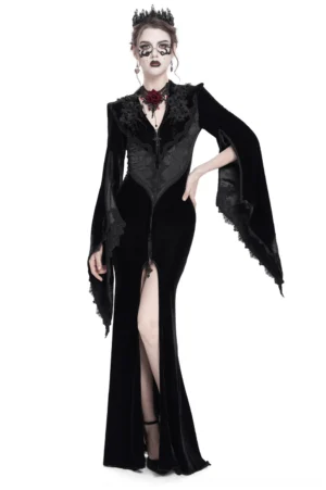 Black velvet gothic evening gown with lace bodice and dramatic bell sleeves, front view on model with thigh slit detail