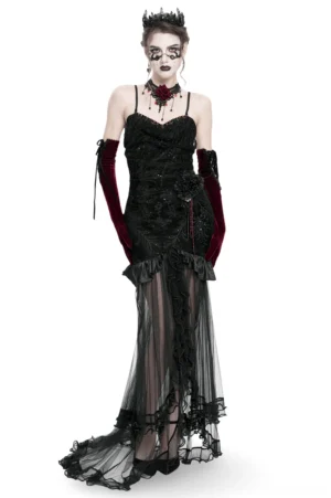 Black gothic high-low dress front view on model with goth makeup and burgundy gloves in studio