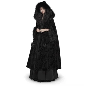 Black velvet Gothic hooded full-length cloak with faux fur trims and pom-pom closure, front view on model