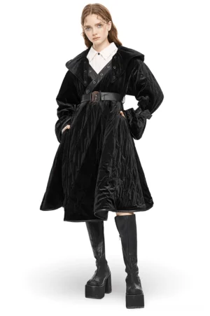 Black velvet gothic wizard hooded coat front view with detachable faux leather belt and metal buckles, quilted pleated fabric texture on model