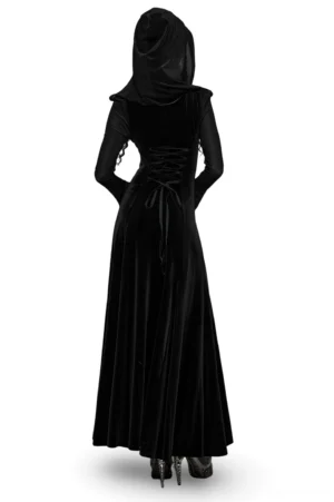 Gothic black velvet hooded maxi dress back view showing lace-up corset back design, attached full hood, and luxurious velvet fabric