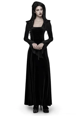 Black velvet gothic hooded maxi dress front view on model with braided hair, square neckline, sheer mesh long sleeves, and floor-length hem