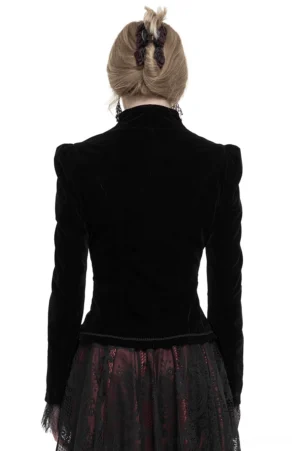 Fitted black velvet gothic jacket rear view showcasing tailored waist and smooth back silhouette