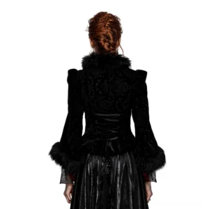 Black velvet gothic jacket with corset lace-up back design and faux fur trim, back view on model