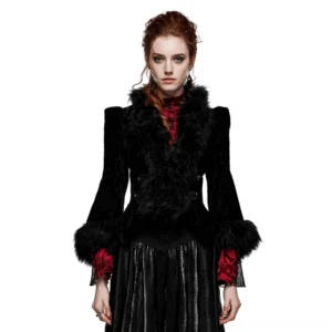 Black velvet gothic jacket with faux fur collar and padded shoulders, front view on model